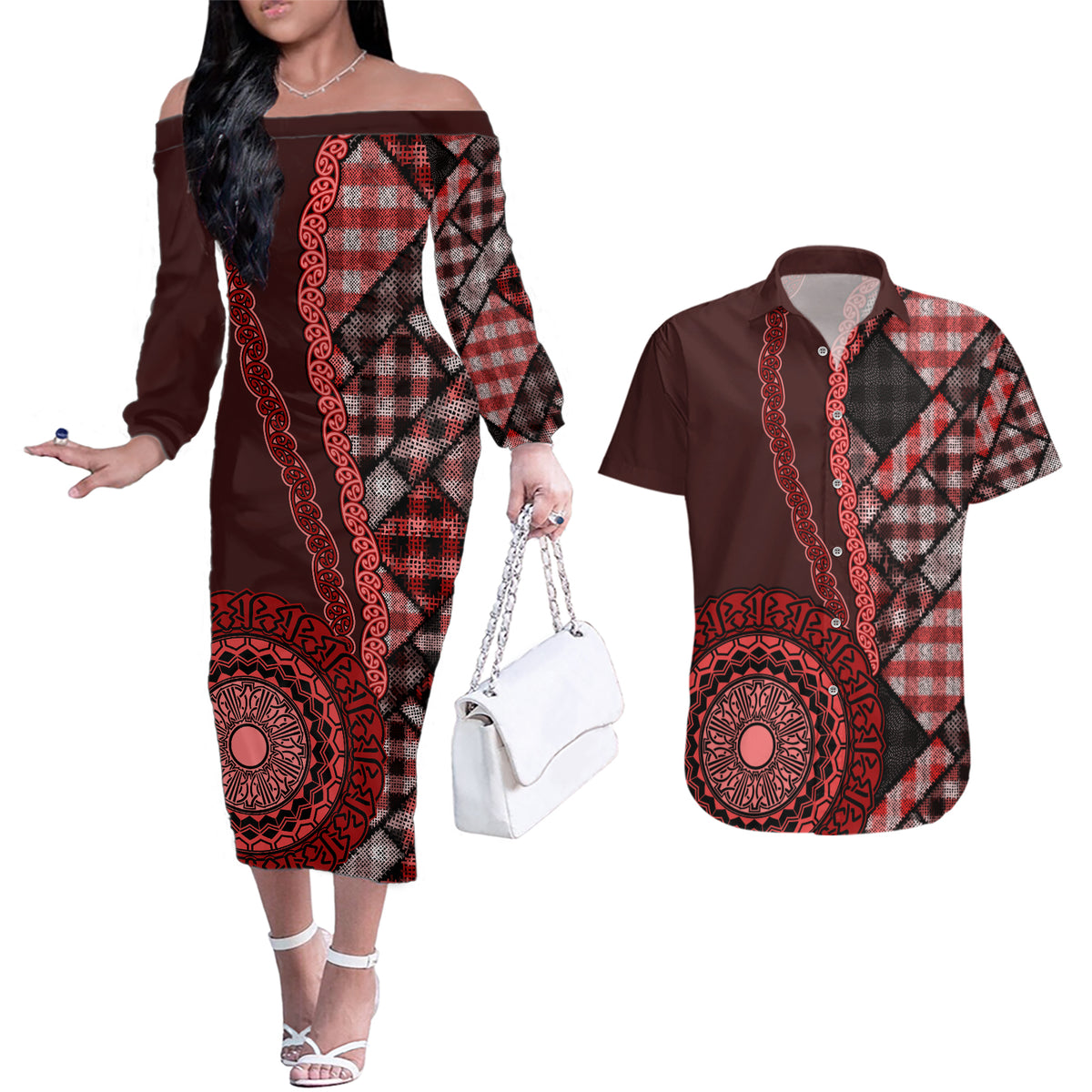 New Zealand Aotearoa Couples Matching Off The Shoulder Long Sleeve Dress and Hawaiian Shirt Maori Harakeke Weaving Pattern Red LT05 Red - Polynesian Pride
