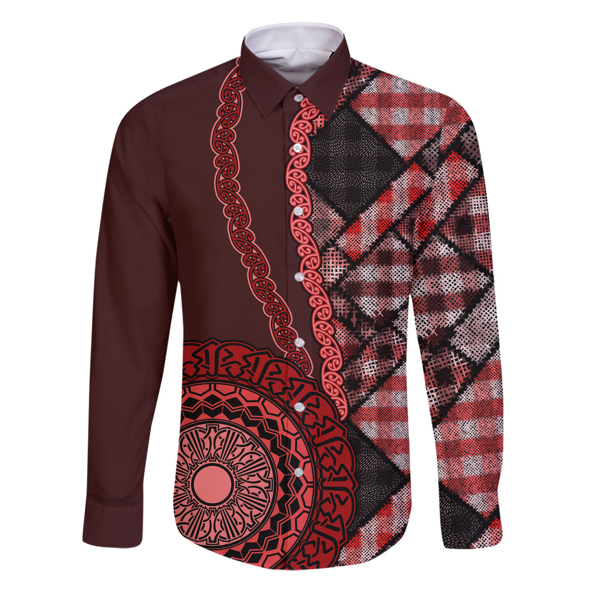 New Zealand Aotearoa Family Matching Off Shoulder Maxi Dress and Hawaiian Shirt Maori Harakeke Weaving Pattern Red LT05 Dad's Shirt - Long Sleeve Red - Polynesian Pride