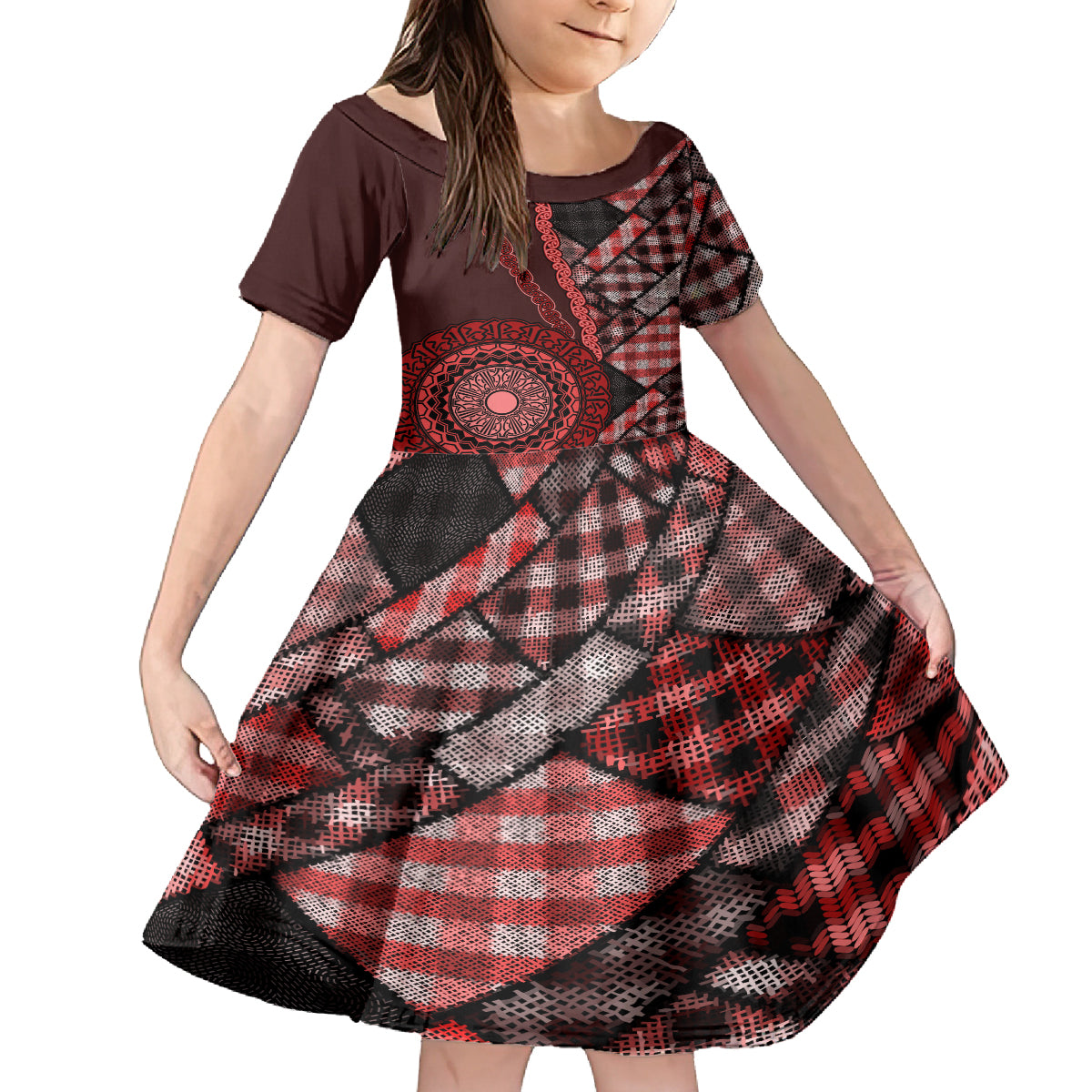New Zealand Aotearoa Family Matching Off Shoulder Short Dress and Hawaiian Shirt Maori Harakeke Weaving Pattern Red LT05 Daughter's Dress Red - Polynesian Pride