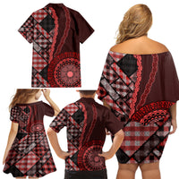 New Zealand Aotearoa Family Matching Off Shoulder Short Dress and Hawaiian Shirt Maori Harakeke Weaving Pattern Red LT05 - Polynesian Pride