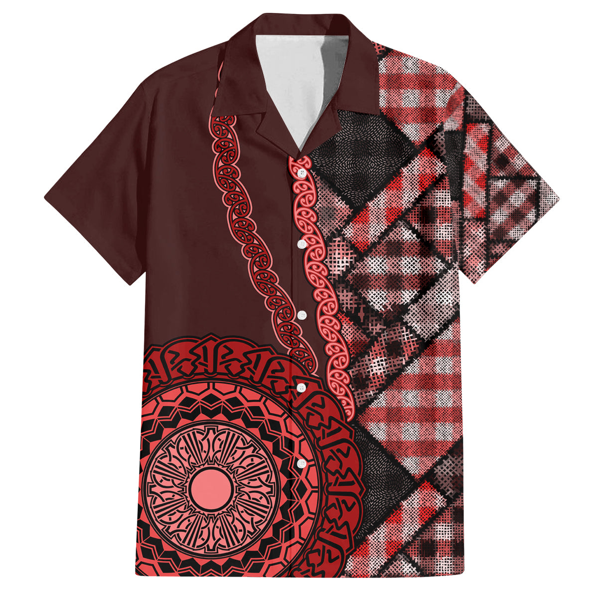 New Zealand Aotearoa Family Matching Off Shoulder Short Dress and Hawaiian Shirt Maori Harakeke Weaving Pattern Red LT05 Dad's Shirt - Short Sleeve Red - Polynesian Pride