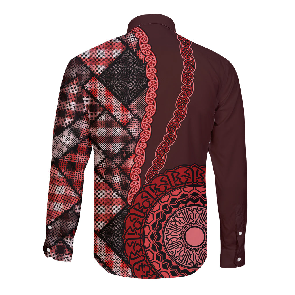 New Zealand Aotearoa Long Sleeve Button Shirt Maori Harakeke Weaving Pattern Red LT05 - Polynesian Pride