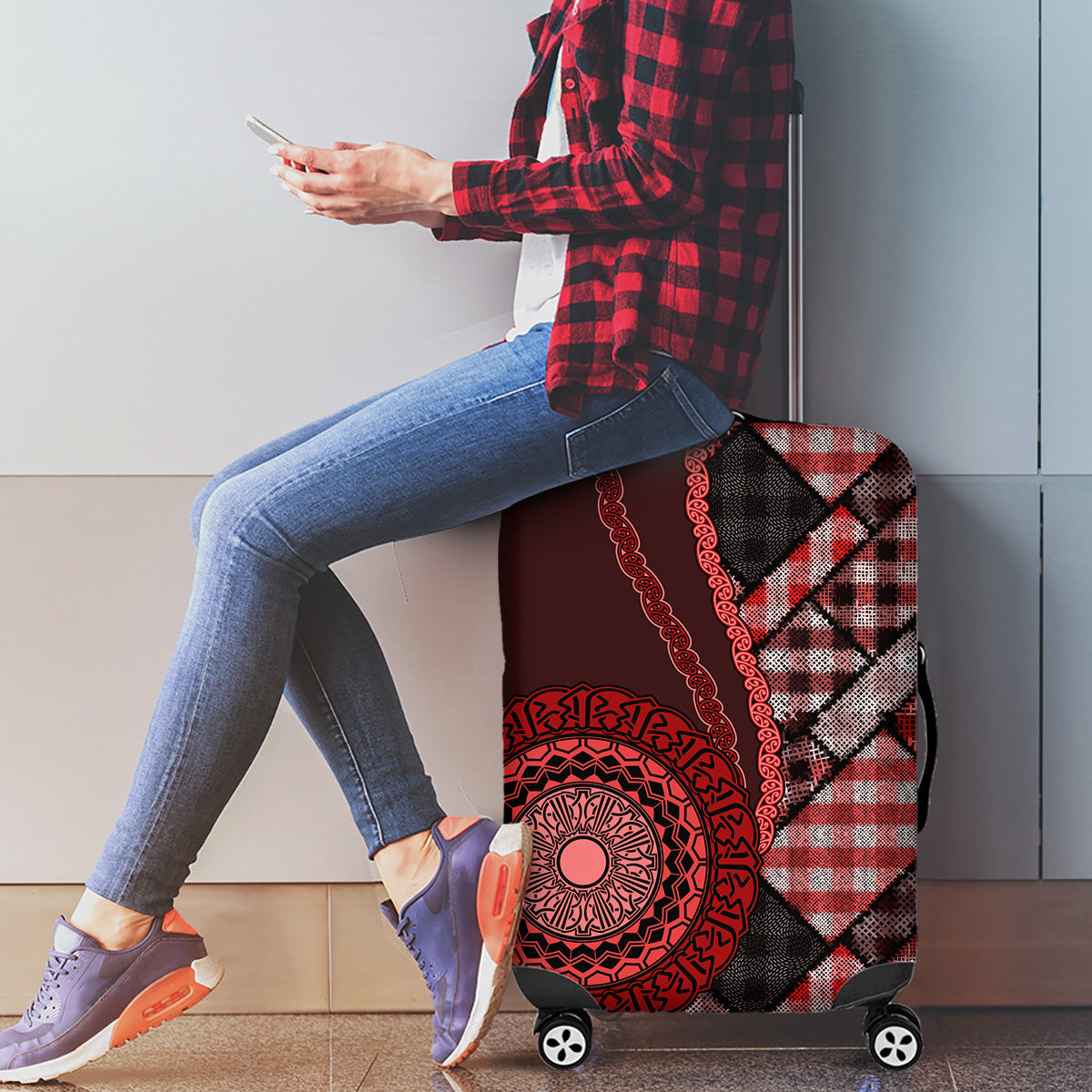 New Zealand Aotearoa Luggage Cover Maori Harakeke Weaving Pattern Red LT05 - Polynesian Pride