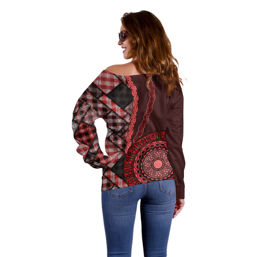 New Zealand Aotearoa Off Shoulder Sweater Maori Harakeke Weaving Pattern Red LT05 - Polynesian Pride