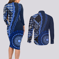 New Zealand Aotearoa Couples Matching Long Sleeve Bodycon Dress and Long Sleeve Button Shirt Maori Harakeke Weaving Pattern Blue LT05 - Polynesian Pride