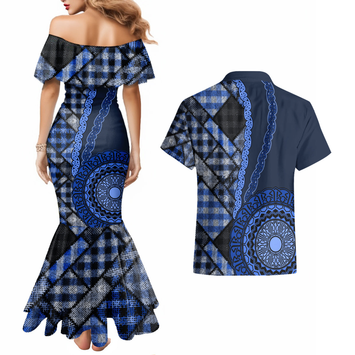 New Zealand Aotearoa Couples Matching Mermaid Dress and Hawaiian Shirt Maori Harakeke Weaving Pattern Blue LT05 - Polynesian Pride