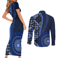 New Zealand Aotearoa Couples Matching Short Sleeve Bodycon Dress and Long Sleeve Button Shirt Maori Harakeke Weaving Pattern Blue LT05 - Polynesian Pride