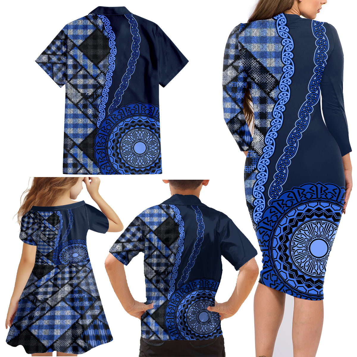 New Zealand Aotearoa Family Matching Long Sleeve Bodycon Dress and Hawaiian Shirt Maori Harakeke Weaving Pattern Blue LT05 - Polynesian Pride