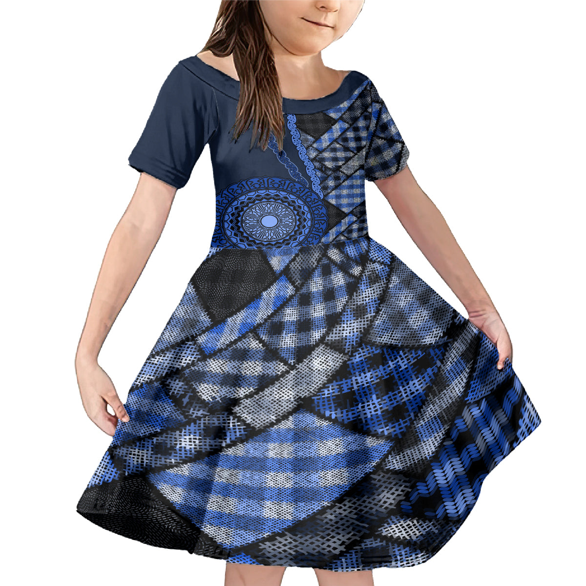 New Zealand Aotearoa Family Matching Mermaid Dress and Hawaiian Shirt Maori Harakeke Weaving Pattern Blue LT05 Daughter's Dress Blue - Polynesian Pride