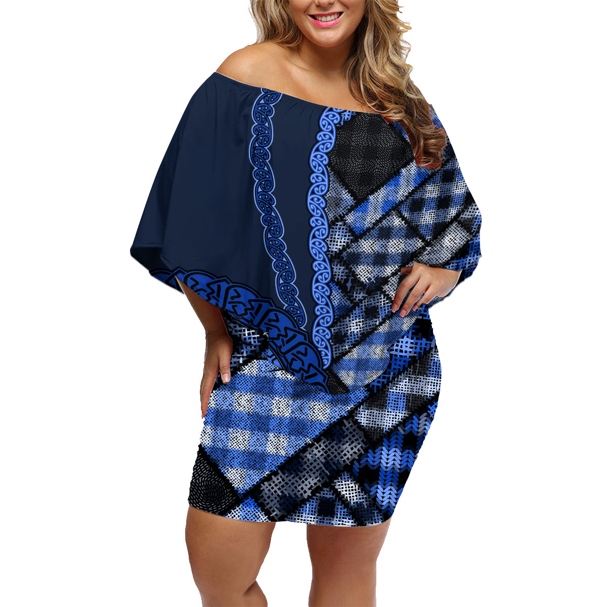 New Zealand Aotearoa Family Matching Off Shoulder Short Dress and Hawaiian Shirt Maori Harakeke Weaving Pattern Blue LT05 Mom's Dress Blue - Polynesian Pride