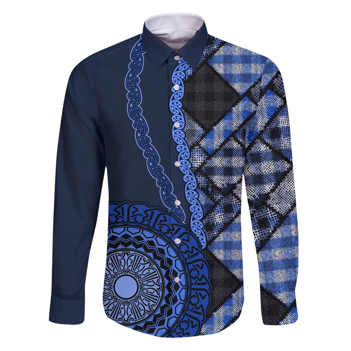 New Zealand Aotearoa Family Matching Puletasi Dress and Hawaiian Shirt Maori Harakeke Weaving Pattern Blue LT05 Dad's Shirt - Long Sleeve Blue - Polynesian Pride