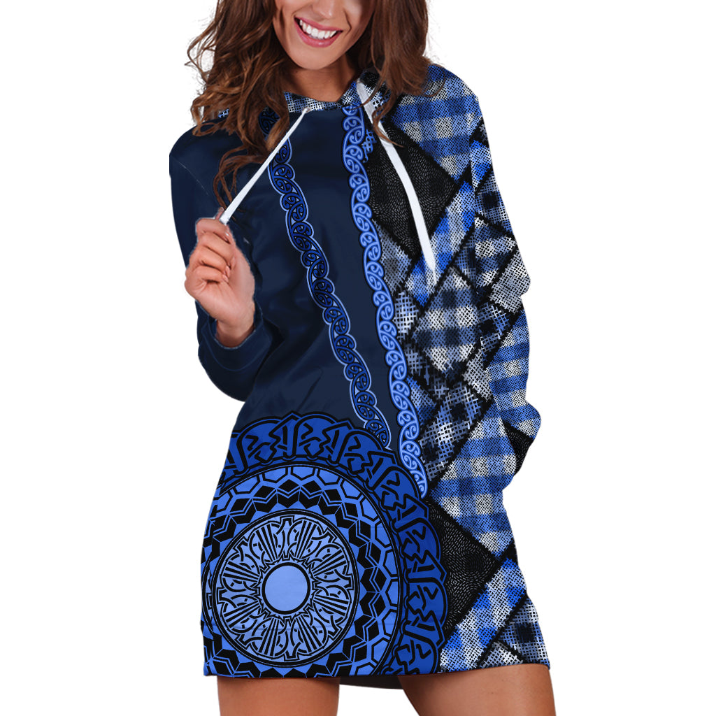 New Zealand Aotearoa Hoodie Dress Maori Harakeke Weaving Pattern Blue LT05 Blue - Polynesian Pride