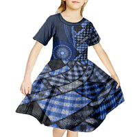 New Zealand Aotearoa Kid Short Sleeve Dress Maori Harakeke Weaving Pattern Blue LT05 - Polynesian Pride