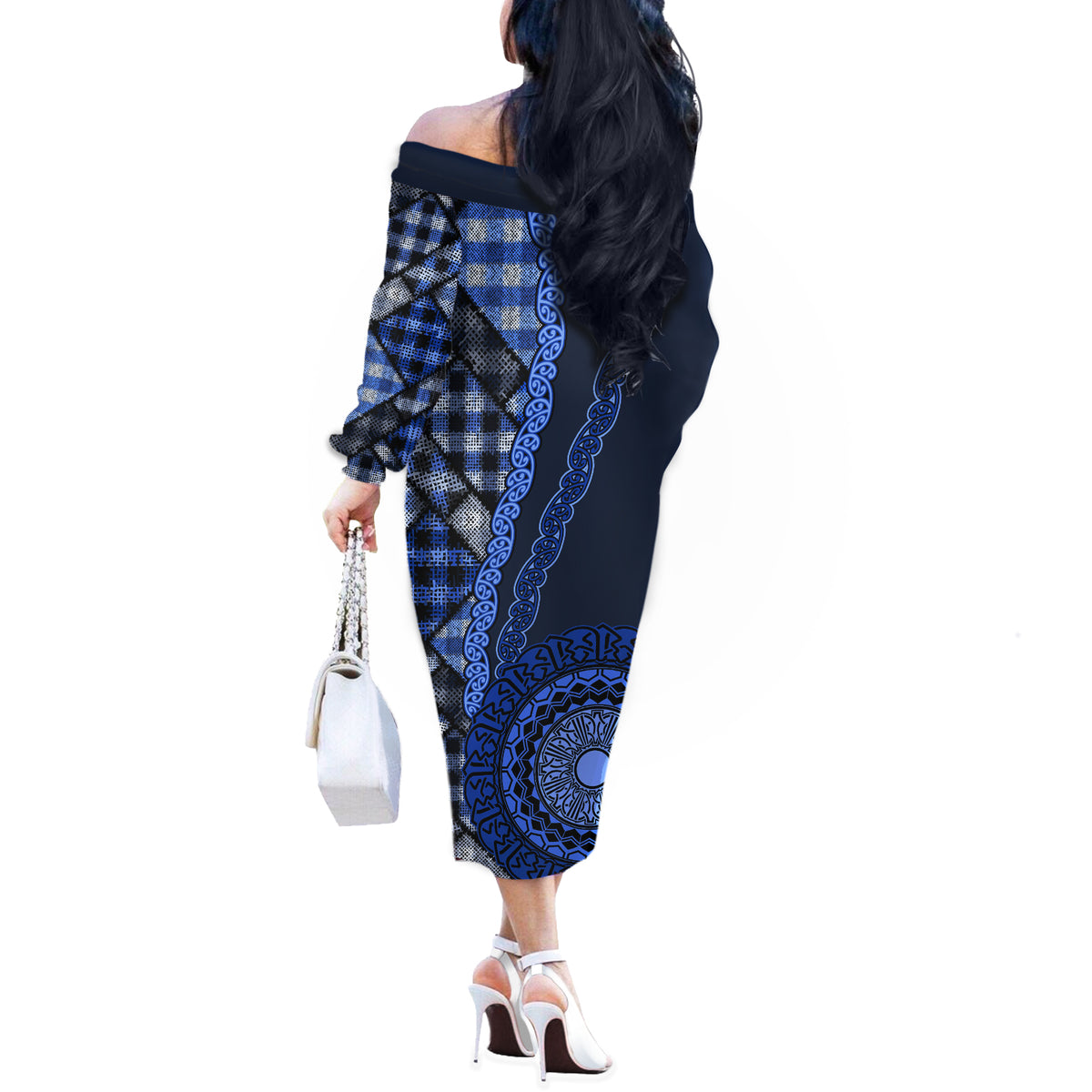 New Zealand Aotearoa Off The Shoulder Long Sleeve Dress Maori Harakeke Weaving Pattern Blue LT05 - Polynesian Pride