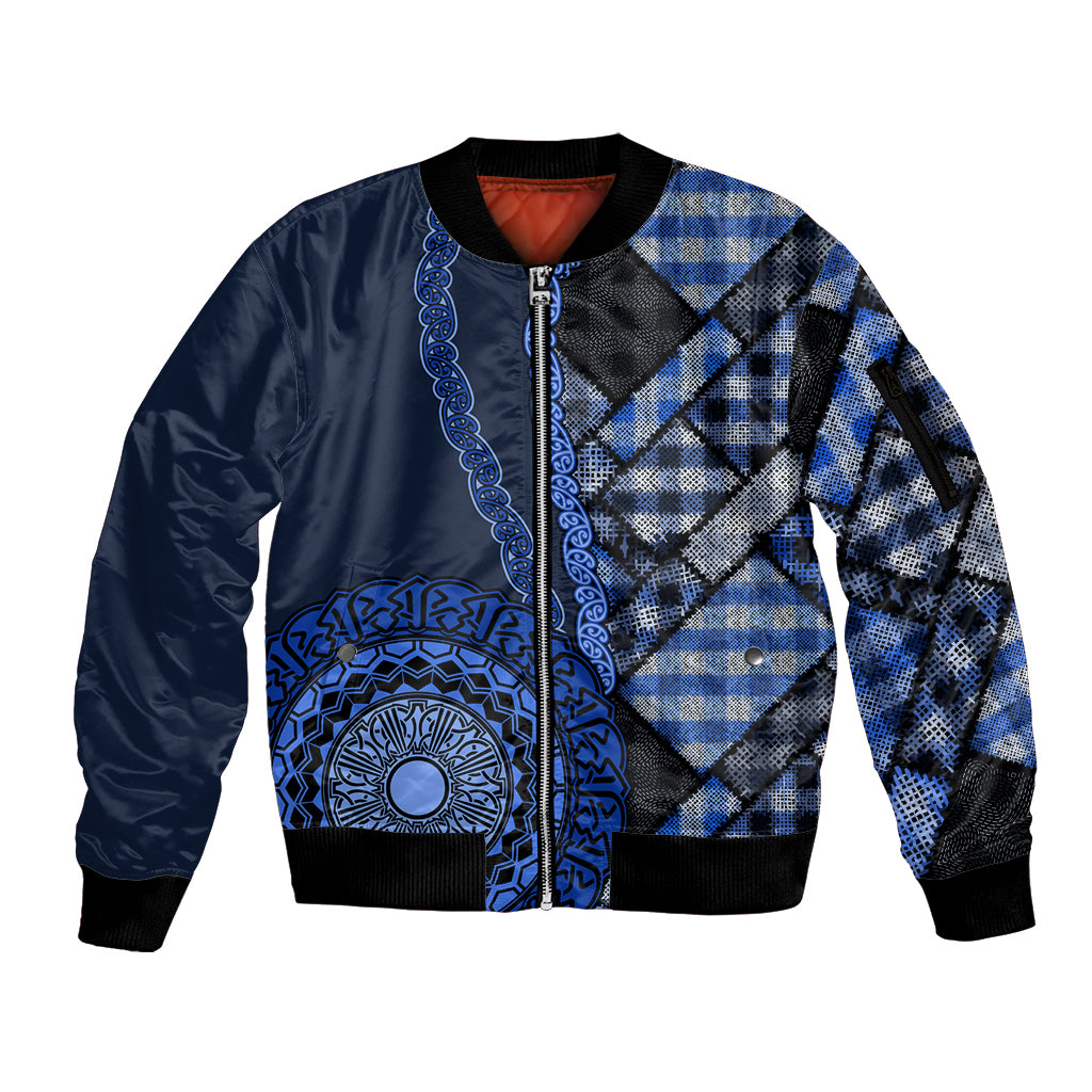 New Zealand Aotearoa Sleeve Zip Bomber Jacket Maori Harakeke Weaving Pattern Blue LT05 Unisex Blue - Polynesian Pride
