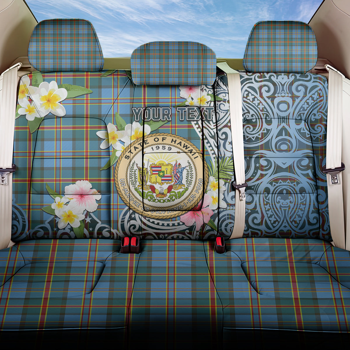 Hawaii State Back Car Seat Cover Tropical Flowers With Tartan Pattern LT05