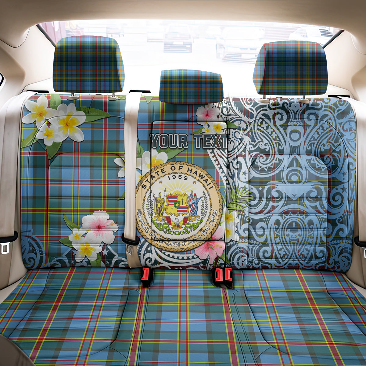 Hawaii State Back Car Seat Cover Tropical Flowers With Tartan Pattern LT05