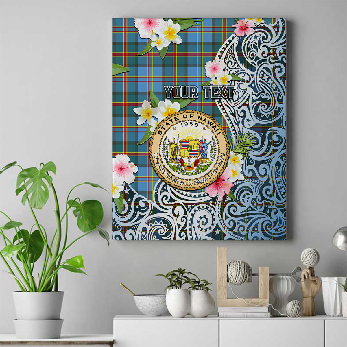 Hawaii State Canvas Wall Art Tropical Flowers With Tartan Pattern LT05 Blue - Polynesian Pride