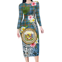 Personalised Hawaii State Family Matching Long Sleeve Bodycon Dress and Hawaiian Shirt Tropical Flowers With Tartan Pattern LT05 Mom's Dress Blue - Polynesian Pride