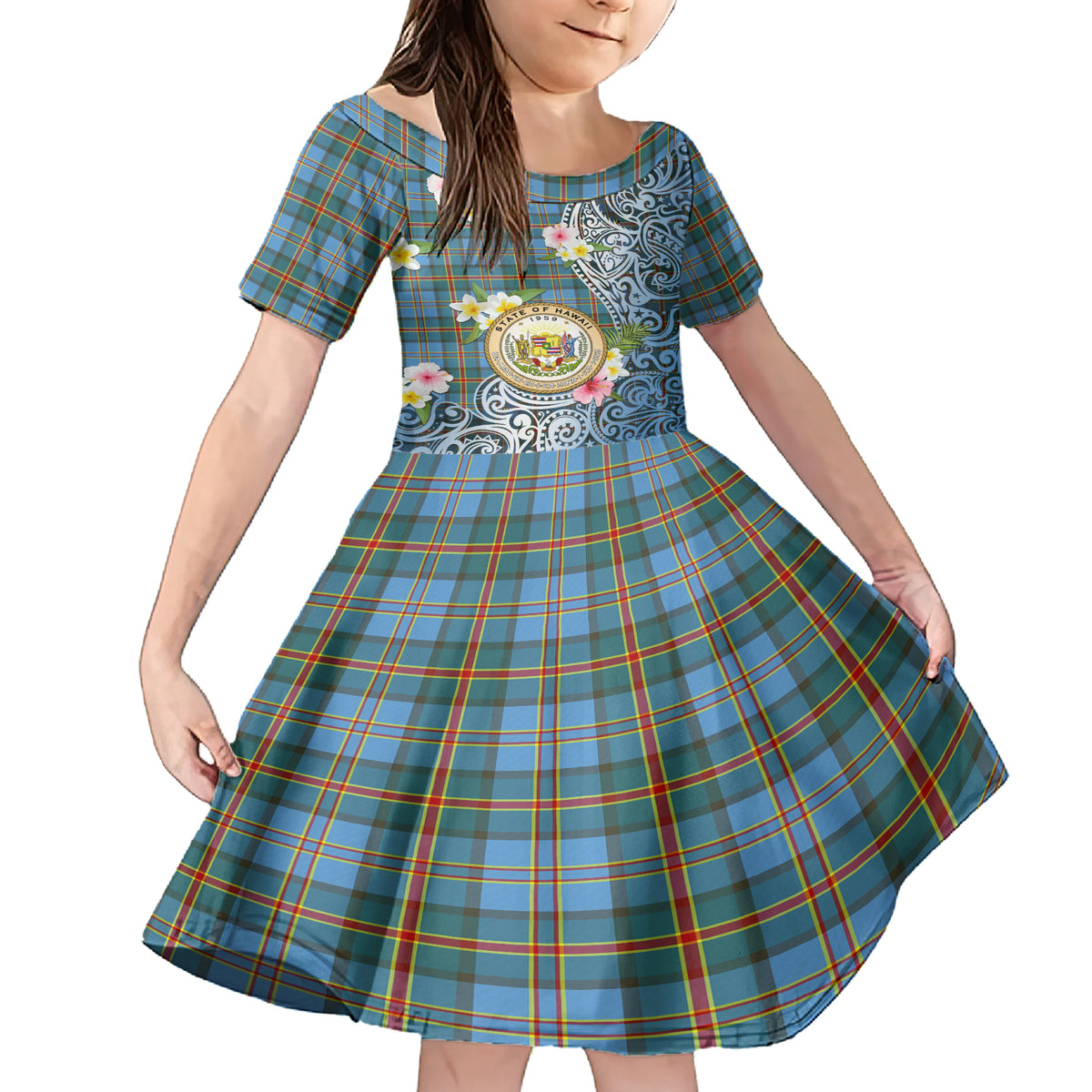 Personalised Hawaii State Family Matching Short Sleeve Bodycon Dress and Hawaiian Shirt Tropical Flowers With Tartan Pattern LT05 Daughter's Dress Blue - Polynesian Pride