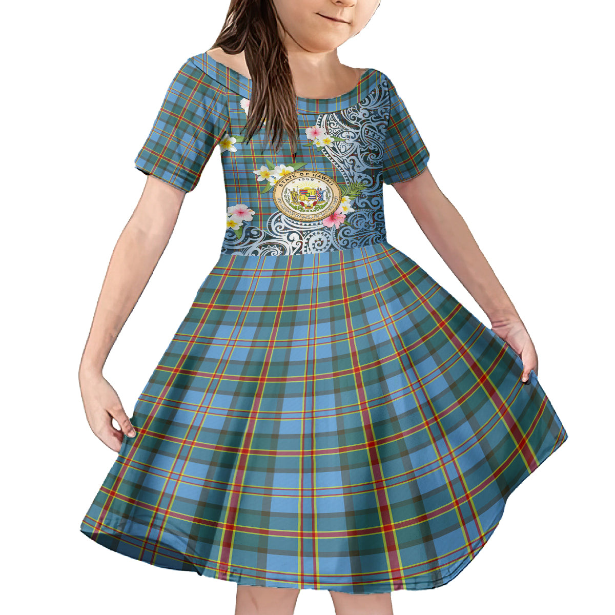 Personalised Hawaii State Family Matching Tank Maxi Dress and Hawaiian Shirt Tropical Flowers With Tartan Pattern LT05 Daughter's Dress Blue - Polynesian Pride