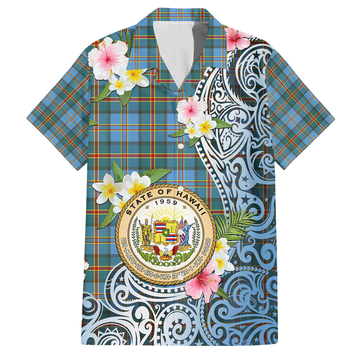 Personalised Hawaii State Family Matching Tank Maxi Dress and Hawaiian Shirt Tropical Flowers With Tartan Pattern LT05 Dad's Shirt - Short Sleeve Blue - Polynesian Pride