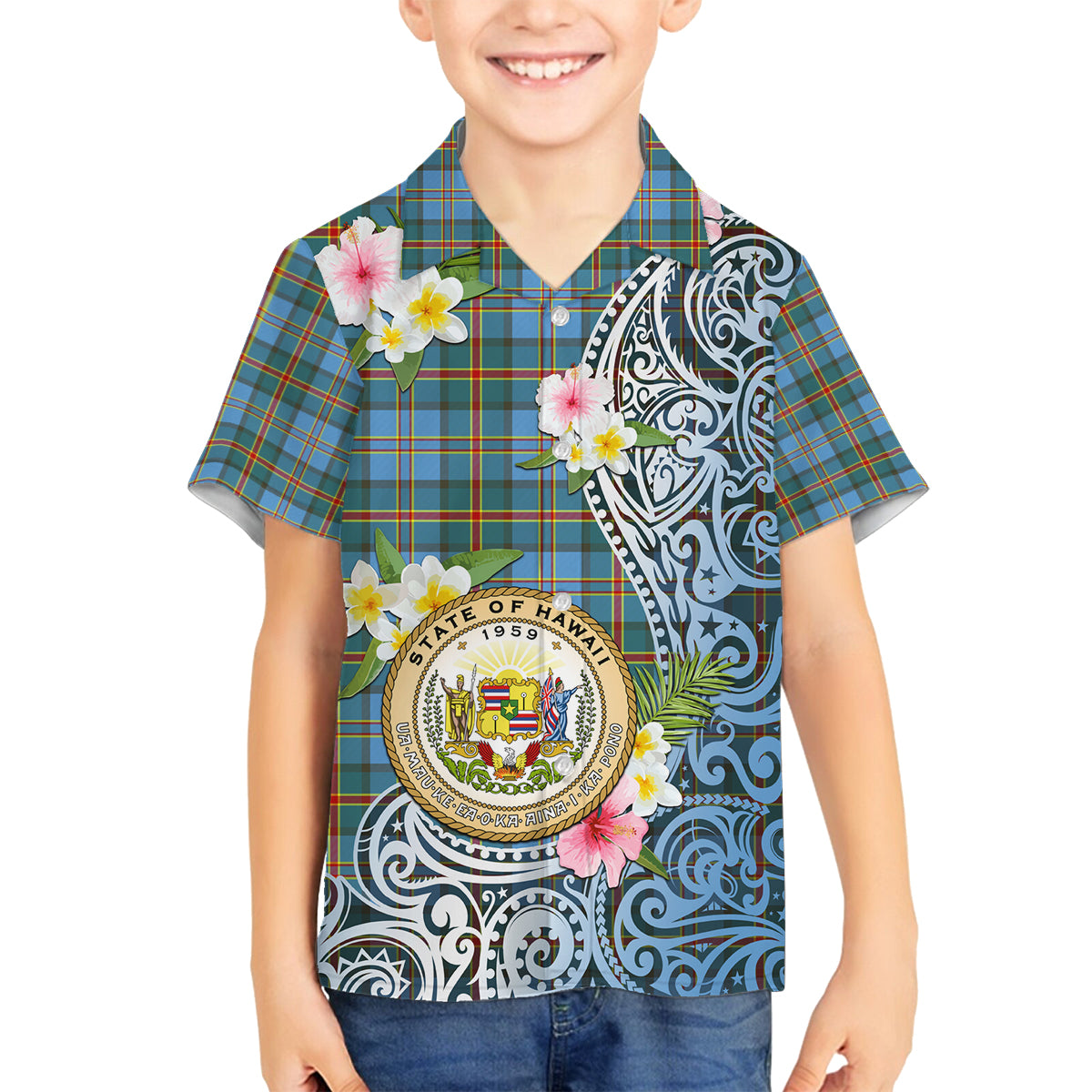 Personalised Hawaii State Family Matching Tank Maxi Dress and Hawaiian Shirt Tropical Flowers With Tartan Pattern LT05 Son's Shirt Blue - Polynesian Pride