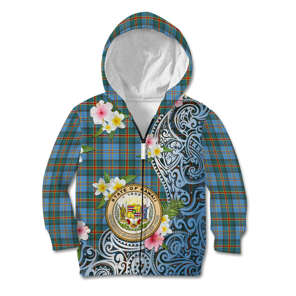 Personalised Hawaii State Kid Hoodie Tropical Flowers With Tartan Pattern LT05 Zip Hoodie Blue - Polynesian Pride