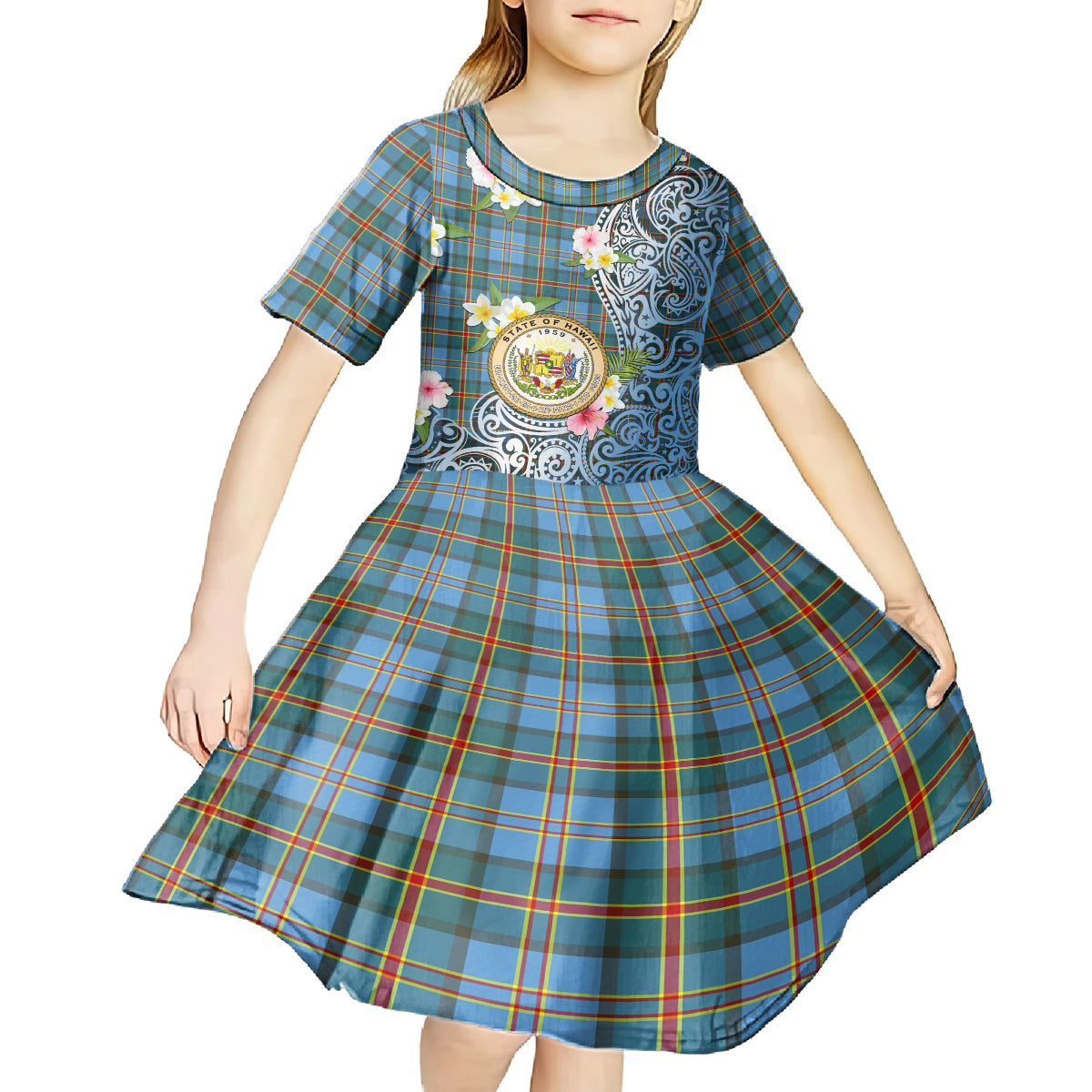 Personalised Hawaii State Kid Short Sleeve Dress Tropical Flowers With Tartan Pattern LT05 - Polynesian Pride