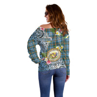 Personalised Hawaii State Off Shoulder Sweater Tropical Flowers With Tartan Pattern LT05 - Polynesian Pride