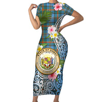 Personalised Hawaii State Short Sleeve Bodycon Dress Tropical Flowers With Tartan Pattern LT05 Long Dress Blue - Polynesian Pride