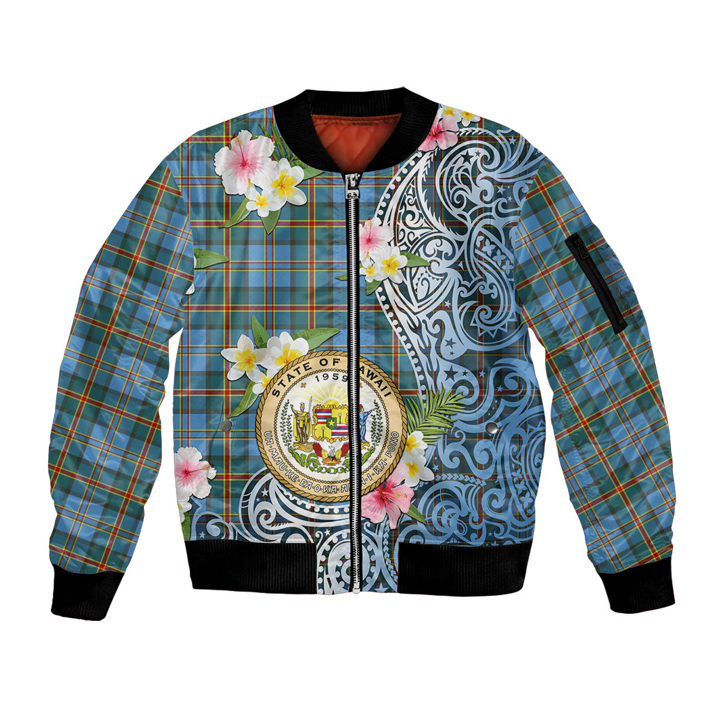 Personalised Hawaii State Sleeve Zip Bomber Jacket Tropical Flowers With Tartan Pattern LT05 Unisex Blue - Polynesian Pride