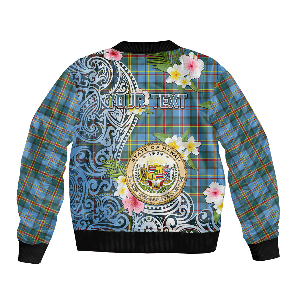 Personalised Hawaii State Sleeve Zip Bomber Jacket Tropical Flowers With Tartan Pattern LT05 - Polynesian Pride