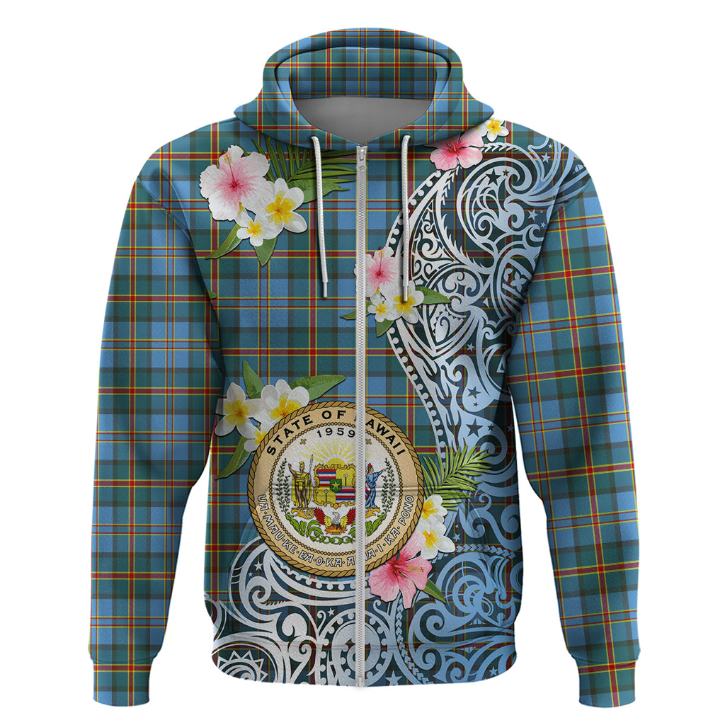 Personalised Hawaii State Zip Hoodie Tropical Flowers With Tartan Pattern LT05 Zip Hoodie Blue - Polynesian Pride