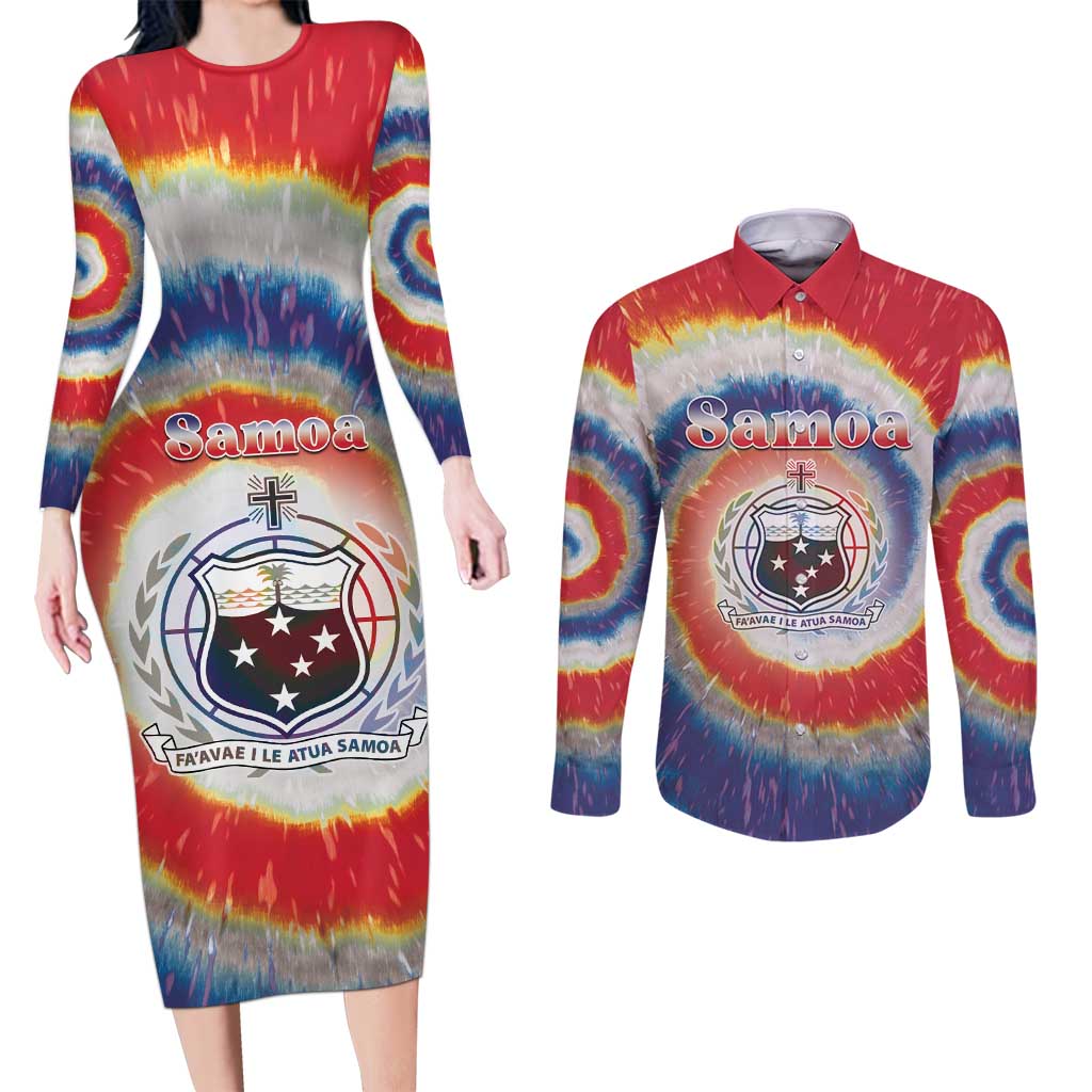Samoa Couples Matching Long Sleeve Bodycon Dress and Long Sleeve Button Shirt Tie Dye Unique Style