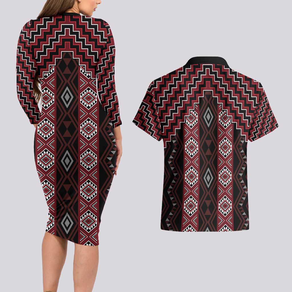 New Zealand Aotearoa Couples Matching Long Sleeve Bodycon Dress and Hawaiian Shirt Red Poutama With Taniko Pattern LT05 - Polynesian Pride