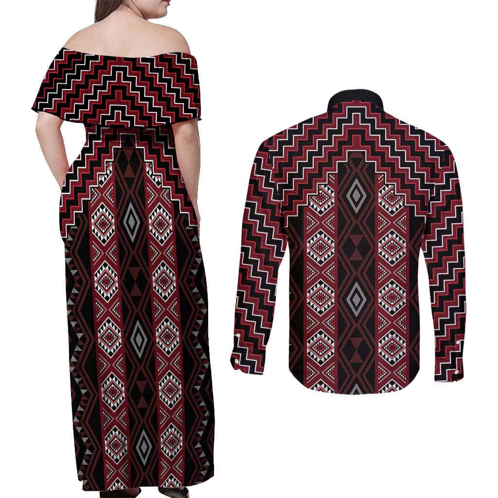 New Zealand Aotearoa Couples Matching Off Shoulder Maxi Dress and Long Sleeve Button Shirt Red Poutama With Taniko Pattern LT05