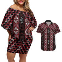 New Zealand Aotearoa Couples Matching Off Shoulder Short Dress and Hawaiian Shirt Red Poutama With Taniko Pattern LT05