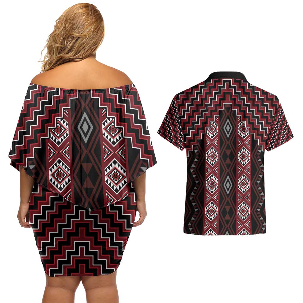 New Zealand Aotearoa Couples Matching Off Shoulder Short Dress and Hawaiian Shirt Red Poutama With Taniko Pattern LT05