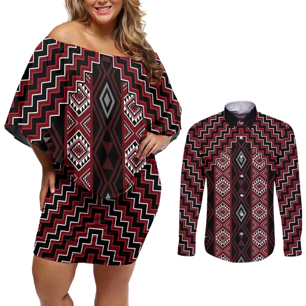 New Zealand Aotearoa Couples Matching Off Shoulder Short Dress and Long Sleeve Button Shirt Red Poutama With Taniko Pattern LT05