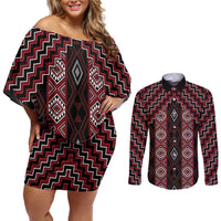 New Zealand Aotearoa Couples Matching Off Shoulder Short Dress and Long Sleeve Button Shirt Red Poutama With Taniko Pattern LT05
