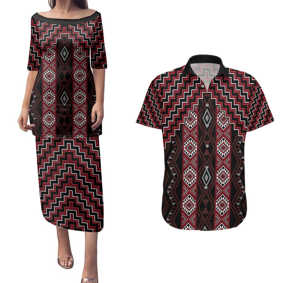 New Zealand Aotearoa Couples Matching Puletasi and Hawaiian Shirt Red Poutama With Taniko Pattern LT05