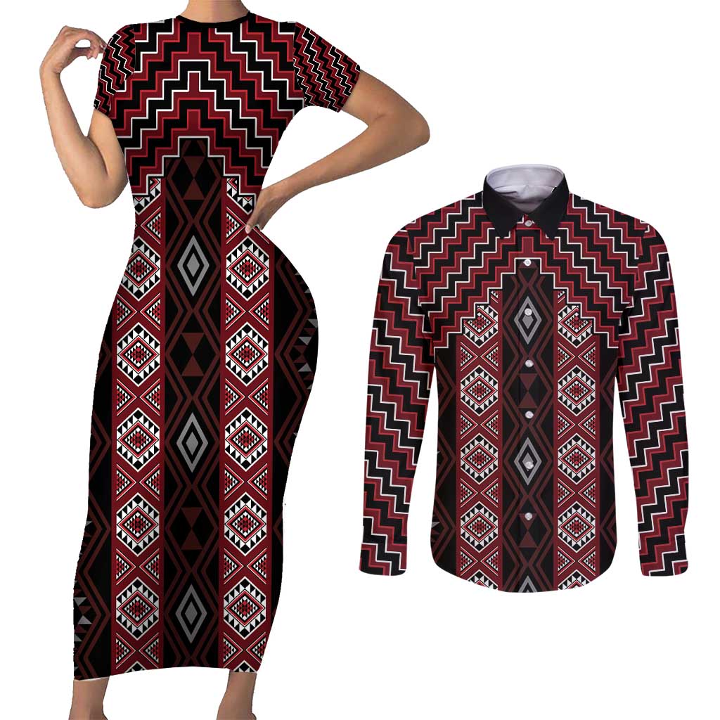 New Zealand Aotearoa Couples Matching Short Sleeve Bodycon Dress and Long Sleeve Button Shirt Red Poutama With Taniko Pattern LT05