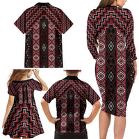 New Zealand Aotearoa Family Matching Long Sleeve Bodycon Dress and Hawaiian Shirt Red Poutama With Taniko Pattern LT05 - Polynesian Pride