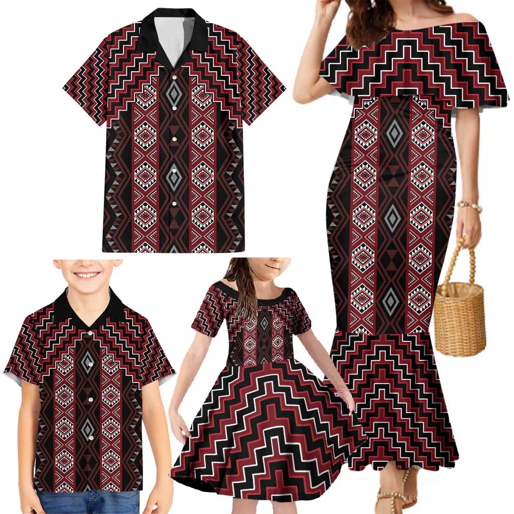 New Zealand Aotearoa Family Matching Mermaid Dress and Hawaiian Shirt Red Poutama With Taniko Pattern LT05 - Polynesian Pride
