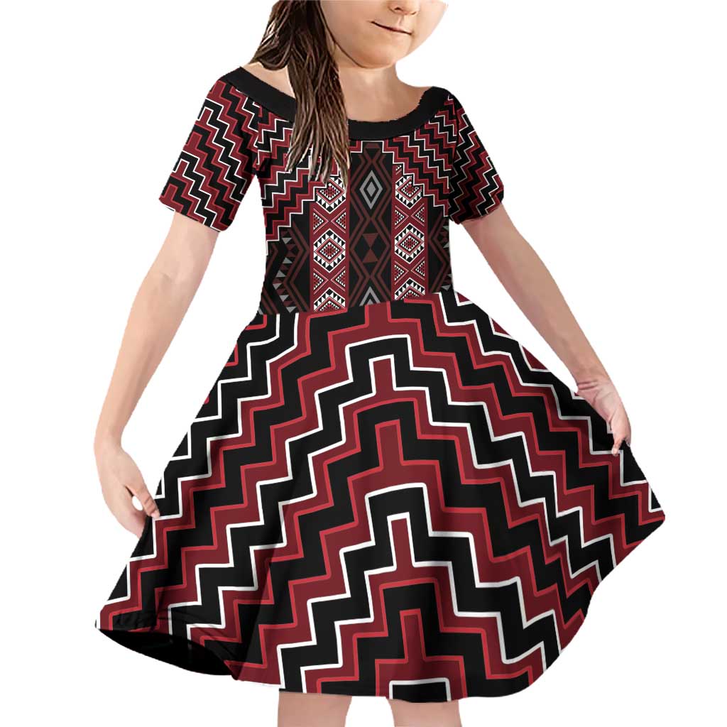 New Zealand Aotearoa Family Matching Off Shoulder Short Dress and Hawaiian Shirt Red Poutama With Taniko Pattern LT05 Daughter's Dress Red - Polynesian Pride