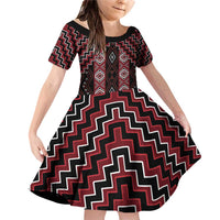 New Zealand Aotearoa Family Matching Off Shoulder Short Dress and Hawaiian Shirt Red Poutama With Taniko Pattern LT05 Daughter's Dress Red - Polynesian Pride