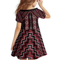 New Zealand Aotearoa Family Matching Off Shoulder Short Dress and Hawaiian Shirt Red Poutama With Taniko Pattern LT05 - Polynesian Pride