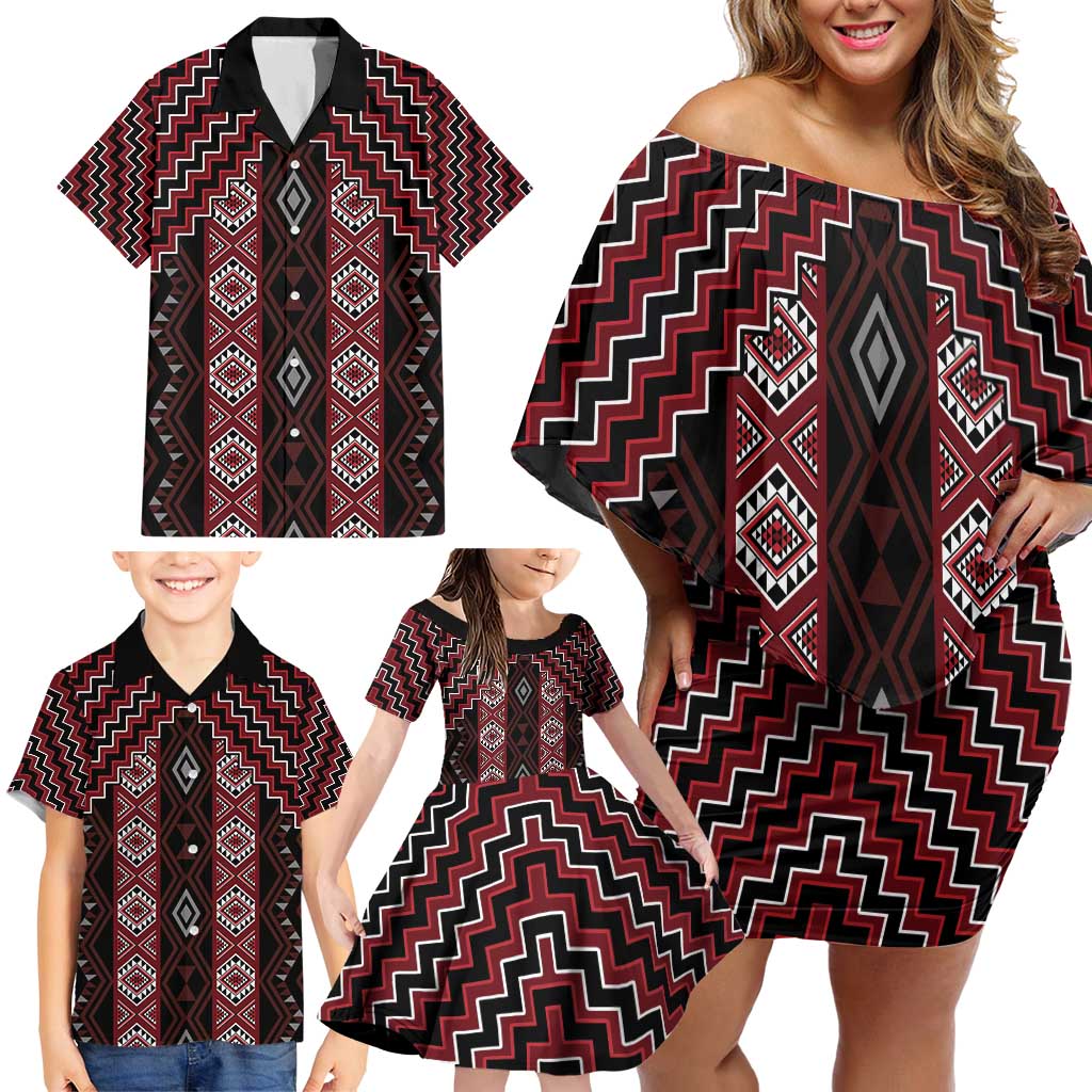 New Zealand Aotearoa Family Matching Off Shoulder Short Dress and Hawaiian Shirt Red Poutama With Taniko Pattern LT05 - Polynesian Pride