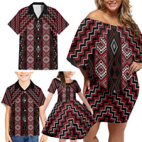 New Zealand Aotearoa Family Matching Off Shoulder Short Dress and Hawaiian Shirt Red Poutama With Taniko Pattern LT05 - Polynesian Pride